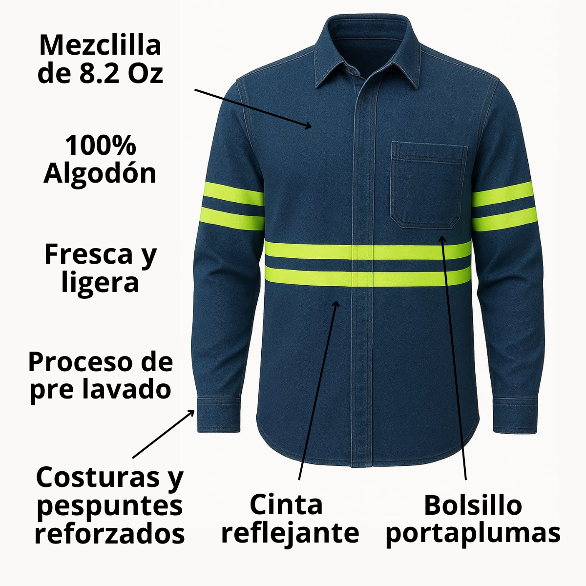 Camisa Mezclilla 8.2 Oz 100% Algodón Cinta Reflejante Amarilla (precio sin IVA)