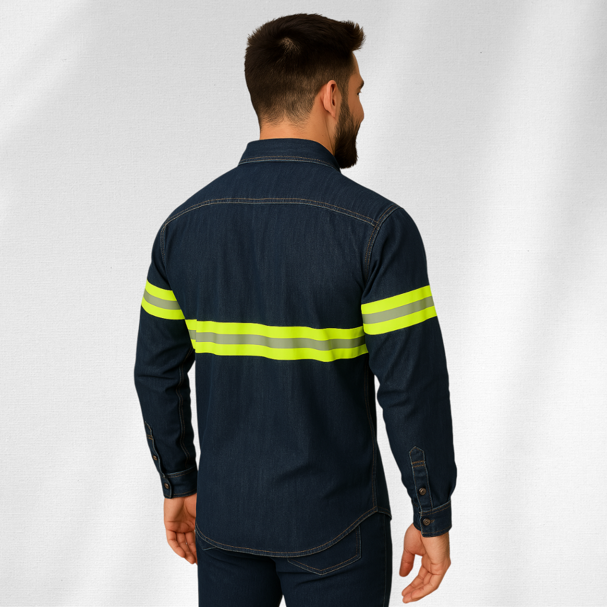 Camisa Mezclilla Diamante 80% Algodon 20% poliester, con Cinta Reflejante