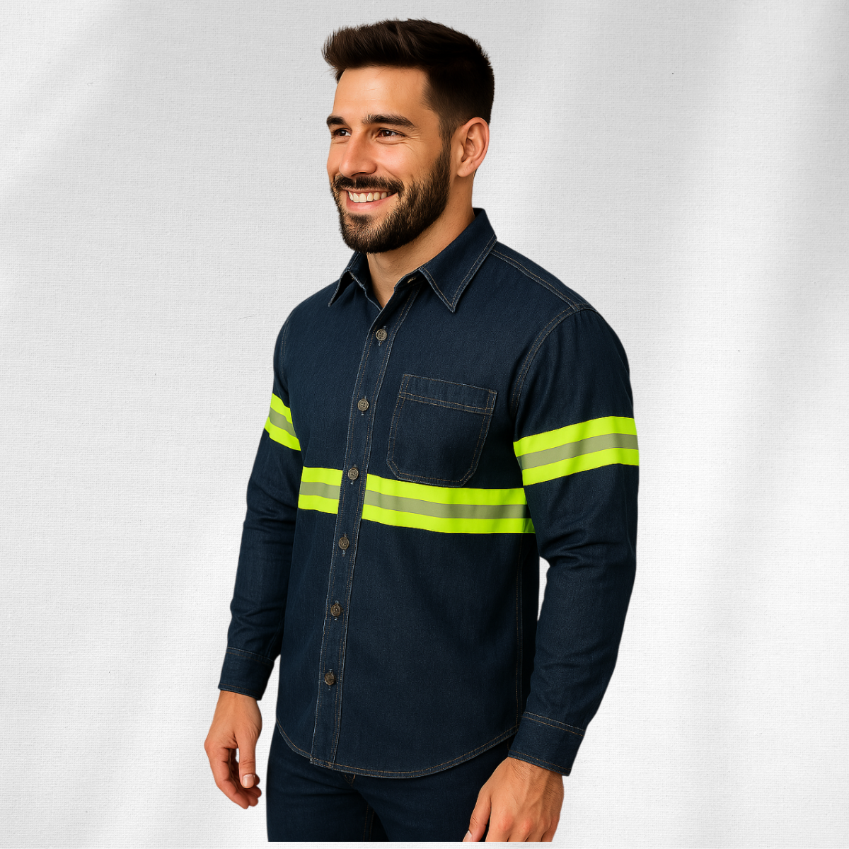Camisa Mezclilla Diamante 80% Algodon 20% poliester, con Cinta Reflejante