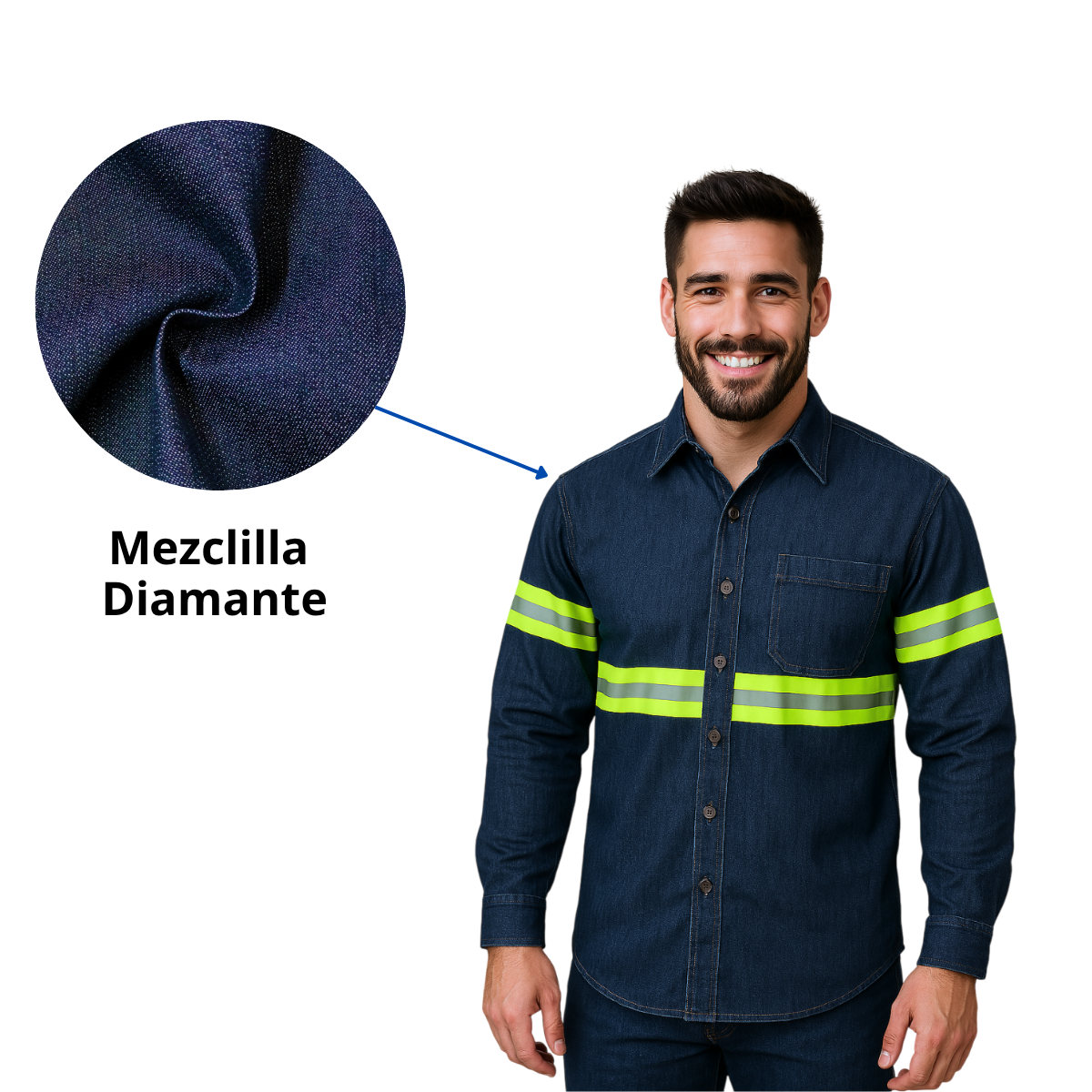 Camisa Mezclilla Diamante 80% Algodon 20% poliester, con Cinta Reflejante
