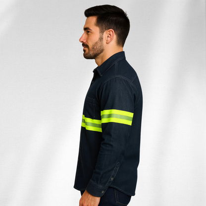 Camisa Mezclilla 8.2 Oz 100% Algodón Cinta Reflejante Amarilla (precio sin IVA)