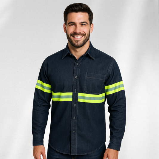 Camisa Mezclilla 8.2 Oz 100% Algodón Cinta Reflejante Amarilla