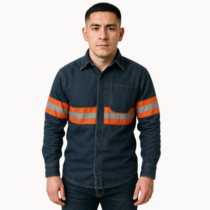 Camisa Mezclilla 8.2 Oz 100% Algodón Cinta Reflejante Naranja