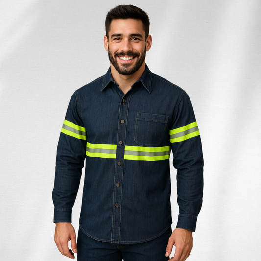 Camisa Mezclilla Diamante 80% Algodon 20% poliester, con Cinta Reflejante