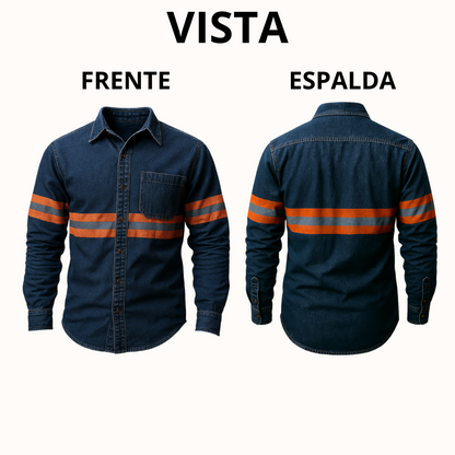 Camisa Mezclilla 8.2 Oz 100% Algodón Cinta Reflejante Naranja