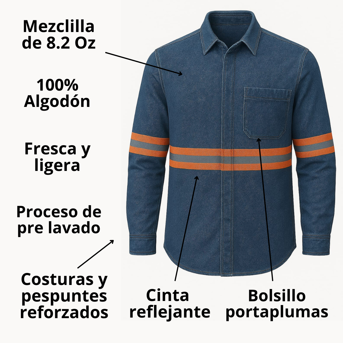 Camisa Mezclilla 8.2 Oz 100% Algodón Cinta Reflejante Naranja