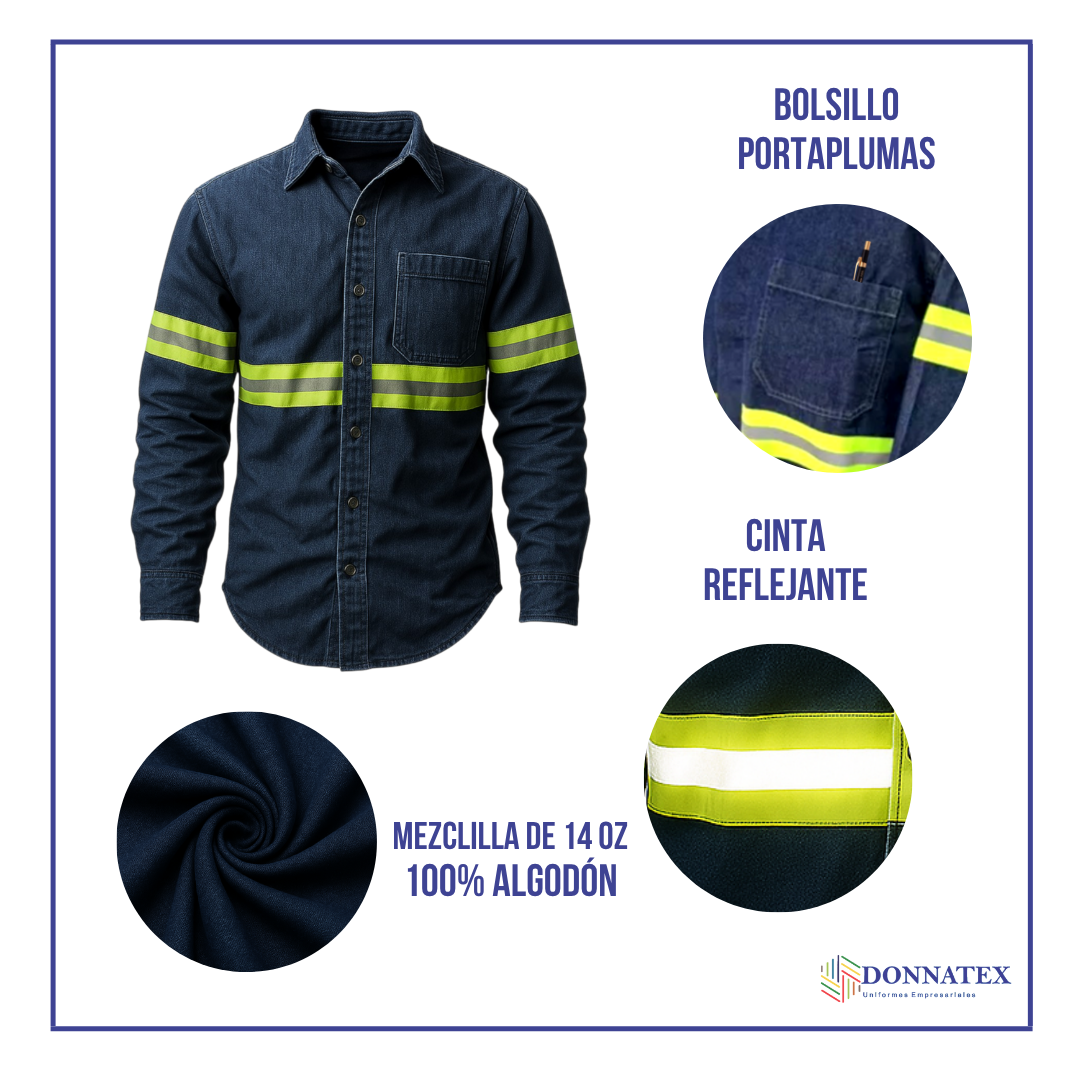 Camisa Mezclilla 8.2 Oz 100% Algodón Cinta Reflejante Amarilla (precio sin IVA)