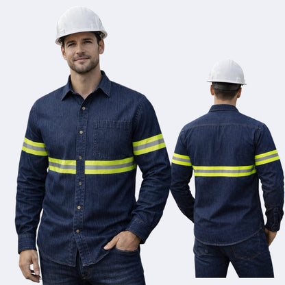 Camisa Mezclilla Diamante 80% Algodon 20% poliester, con Cinta Reflejante