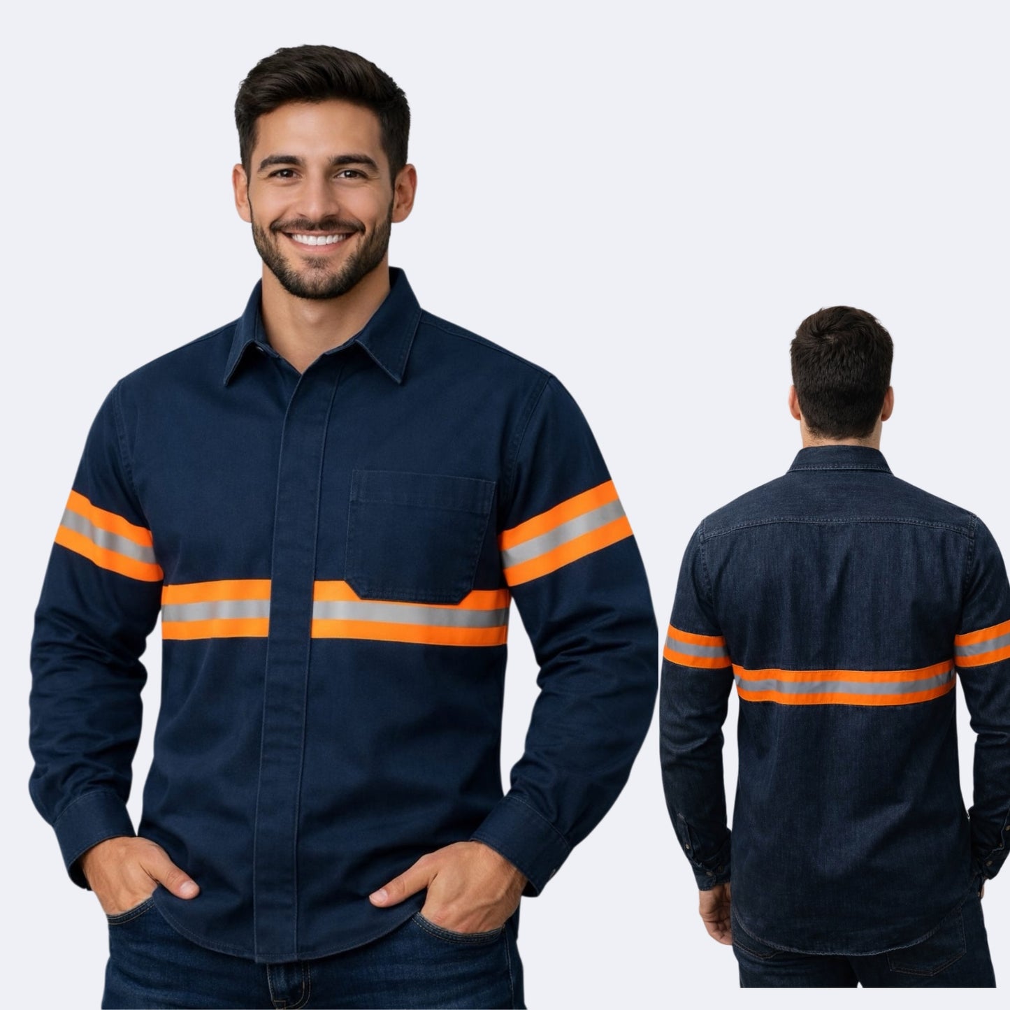 Camisa mezclilla 8.2 Oz 100 % Algodón botón Oculto Reflectante