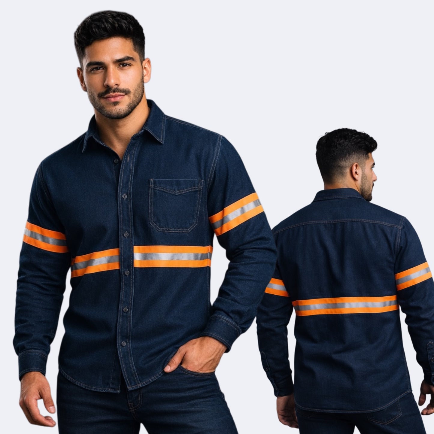 Camisa Mezclilla 8.2 Oz 100% Algodón Cinta Reflejante Naranja