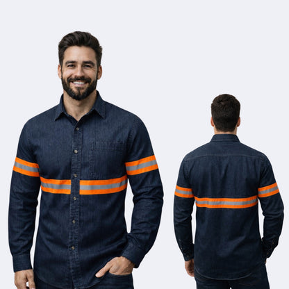 Camisa Mezclilla Diamante 80% Algodon 20% poliester, con Cinta Reflejante