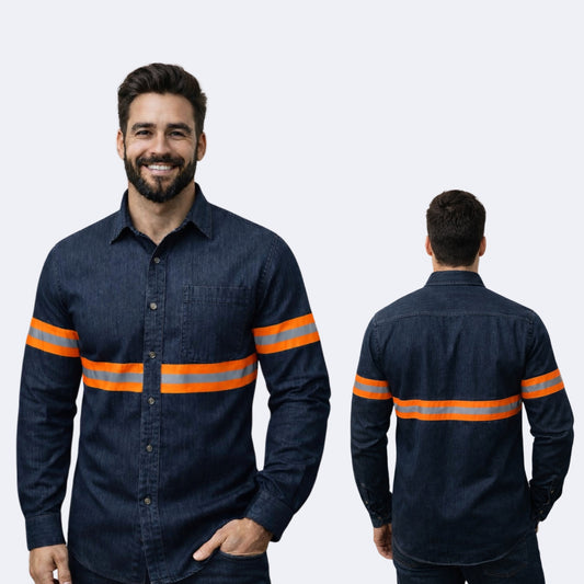Camisa Mezclilla Diamante 80% Algodon 20% poliester, con Cinta Reflejante