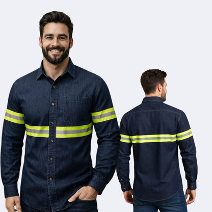 Camisa Mezclilla 8.2 Oz 100% Algodón Cinta Reflejante Amarilla (precio sin IVA)