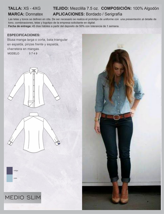 Camisa mezclilla 7.5oz para dama